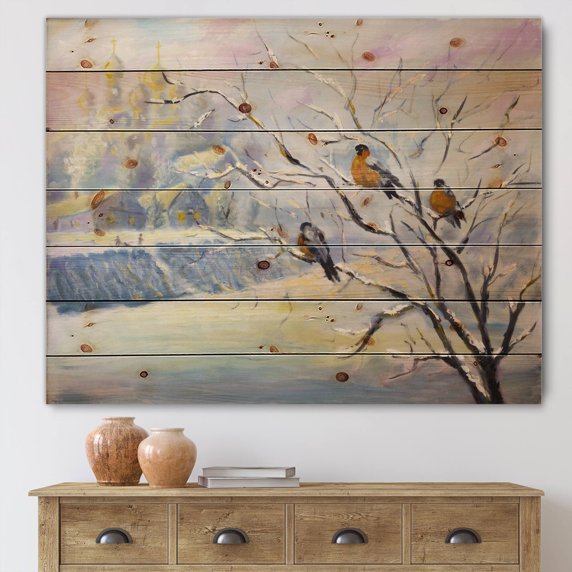 Designart - Rustic Birds On A Tree In Winter Village